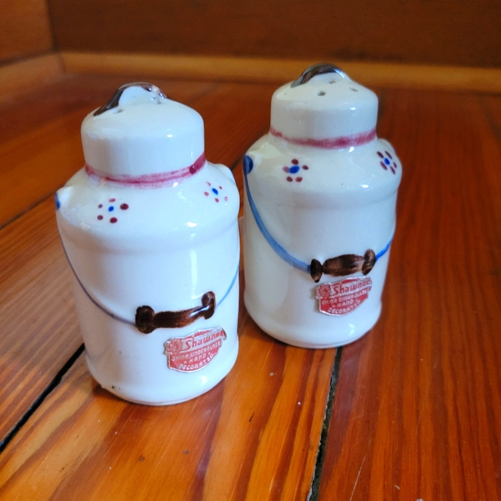 Vintage Shawnee handpainted milk can salt and pepper shakers set